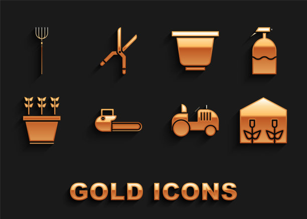 集电锯，花园喷雾器，家庭温室和植物，拖拉机，植物花盆，花，干草叉和园艺手工剪刀图标。向量图片下载