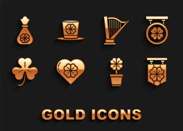 设置心与四叶草，街道招牌，四在锅，竖琴，钱袋和小精灵的帽子和图标。向量图片下载