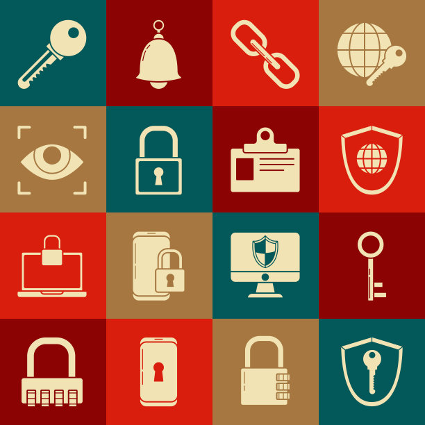 设置盾牌与钥匙，钥匙，全球，链环，锁，眼睛扫描和识别徽章图标。向量图片下载