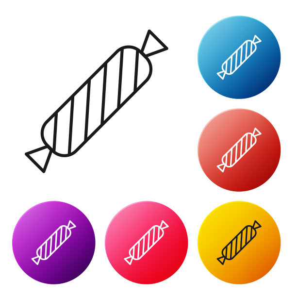 黑线糖果图标孤立在白色背景。设置图标彩色圆圈按钮。向量图片下载