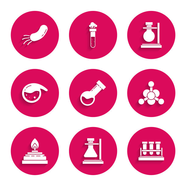 设置试管和烧瓶化学，在展台上，细菌，酒精或精神燃烧器，和图标。向量图片下载