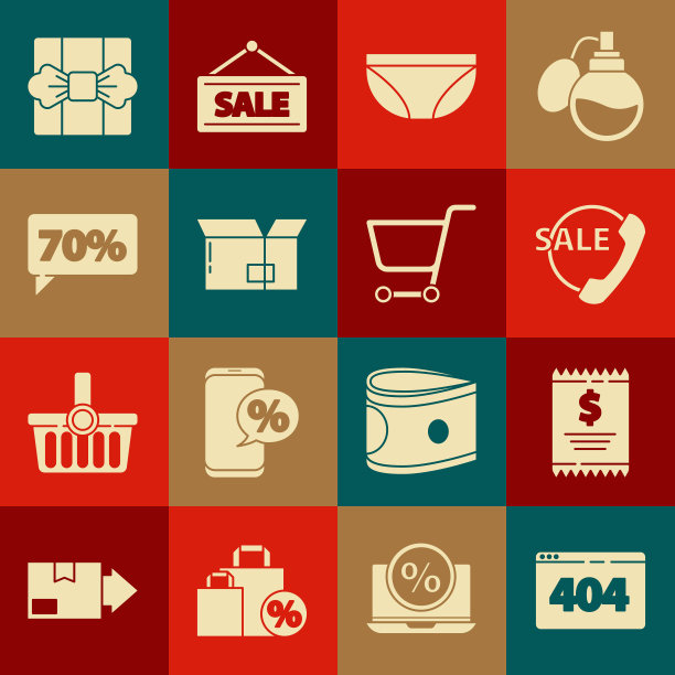 设置页面404错误，纸张检查和财务检查，电话24小时支持，内衣，纸箱纸箱，70%折扣标签，礼品和购物车图标。向量图片下载