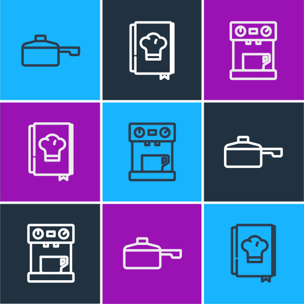 设置线煎锅，咖啡机和食谱图标。向量图片下载