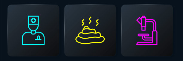 排好队男医生，显微镜和屎。黑色方形按钮。向量图片下载