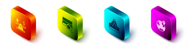 设置等距油钱，土壤分析，火山和位置的全球图标。向量图片下载