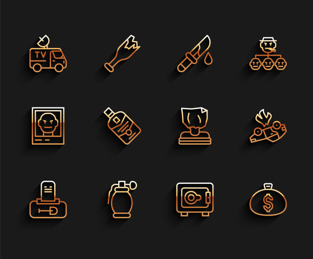 设置线坟墓与墓碑，手榴弹，电视新闻车，安全，钱袋，威士忌酒瓶，燃烧和绑架的图标。向量图片下载