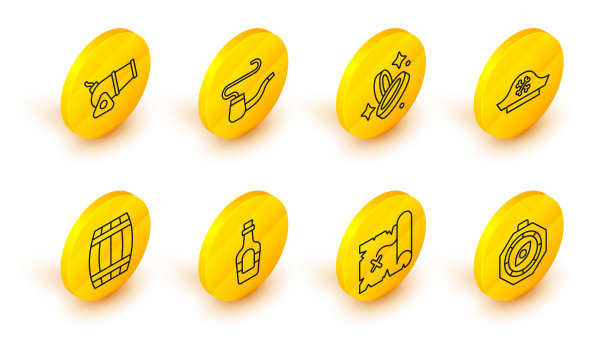 设置线指南针，海盗藏宝图，酒精饮料朗姆酒，木桶，帽子，硬币，烟斗和大炮图标。向量图片下载