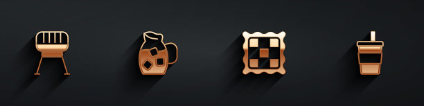 集烧烤架，水壶玻璃与水，方格餐巾和纸图标与长阴影。向量图片下载