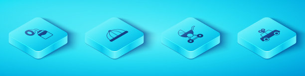 集等距吸乳器，婴儿帽，玩具车和婴儿车图标。向量图片下载