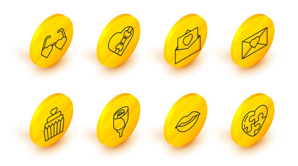 套装线心，微笑的嘴唇，花玫瑰，婚礼蛋糕与心，信封情人节，糖果形状的盒子和爱的眼镜图标。向量图片下载