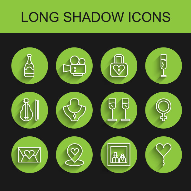 套线信封与情人节的心，位置，香槟瓶，全家福，气球形式，项链人体模型，女性性别符号和玻璃香槟图标。向量图片下载