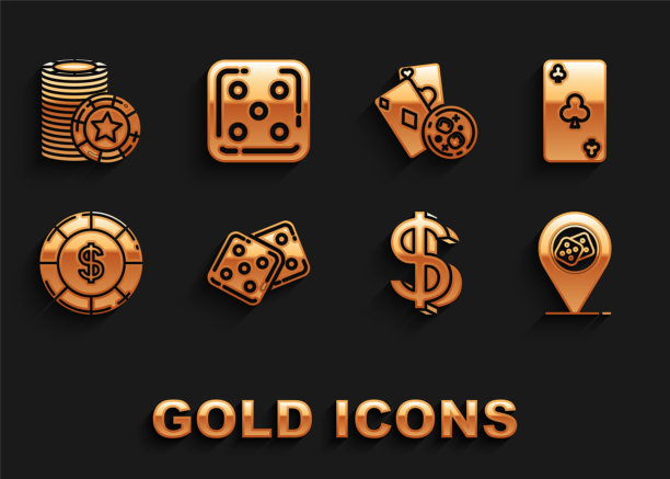 设置游戏骰子，扑克牌与俱乐部符号，赌场位置，美元，芯片美元，卡和威士忌立方体，芯片和图标。向量图片下载