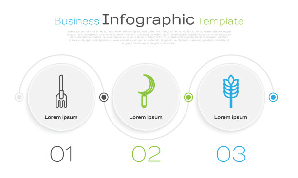 设置线花园耙，镰刀和谷物与水稻，小麦，玉米，燕麦，黑麦。业务信息图表模板。向量图片下载