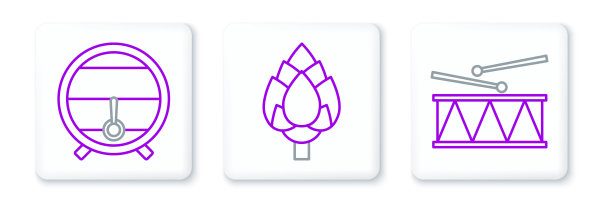 设置线乐器鼓和鼓棒，木桶在机架上与旋塞和Hop图标。向量图片下载