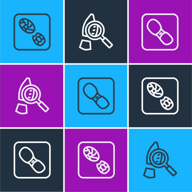 设置行人类脚印鞋，并附有脚印图标的放大镜。向量图片下载