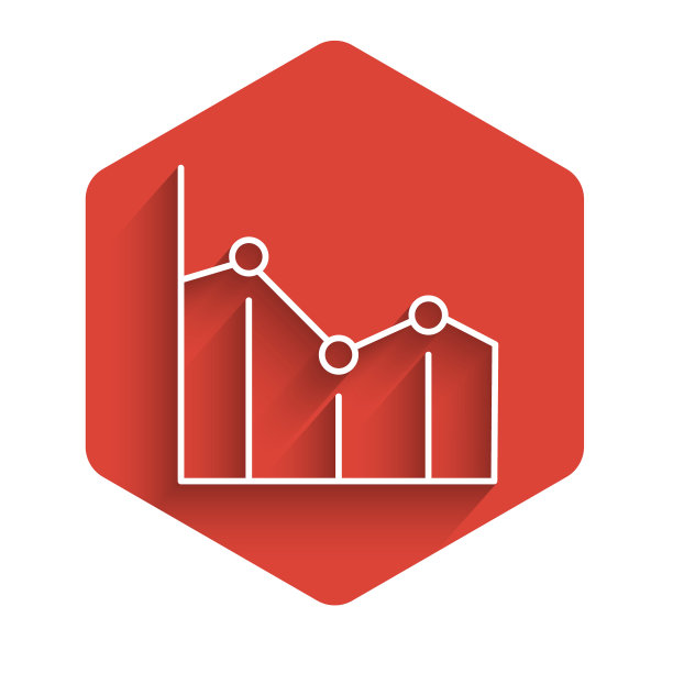 白线饼状图信息图形图标与长阴影背景隔离。图表符号。红色六边形按钮。向量图片下载