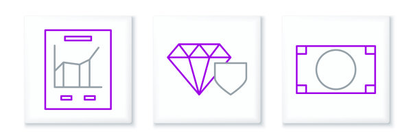 设置线堆栈纸币现金，文件与图表和钻石盾图标。向量图片下载