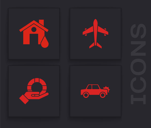 集汽车，房子洪水，飞机和救生圈在手图标。向量图片下载