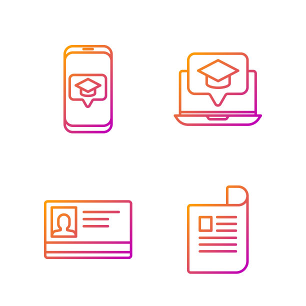 设置线文件，识别徽章，毕业帽屏幕智能手机和毕业帽屏幕笔记本电脑。渐变颜色图标。向量图片下载