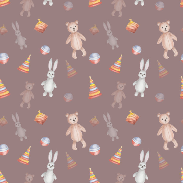 水彩无缝图案。手绘插图的泰迪熊，兔子，婴儿玩具。球，彩色金字塔，旋转，陀螺，陀螺。印在褐色背景上的儿童纺织品图片下载
