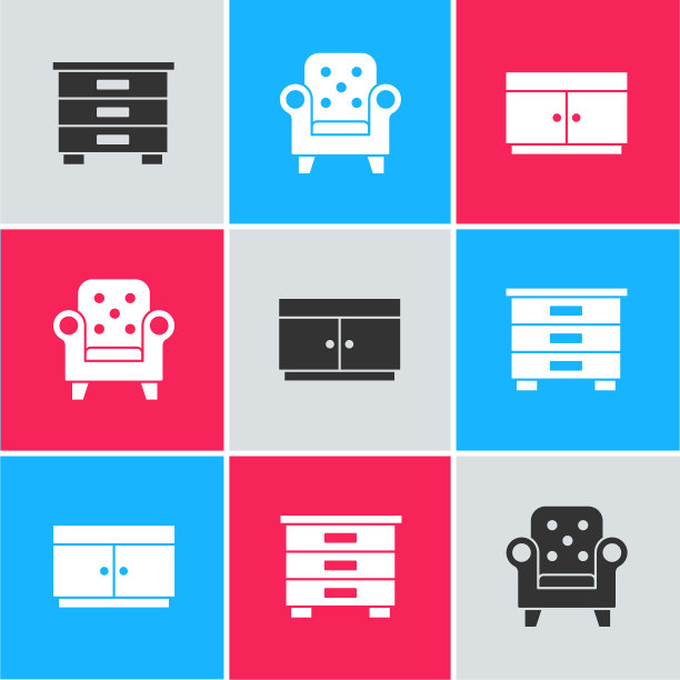 集家具床头柜，扶手椅和抽屉柜图标。向量图片下载