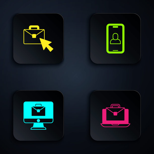 设置“在线工作”、“视频聊天会议”。黑色方形按钮。向量图片下载