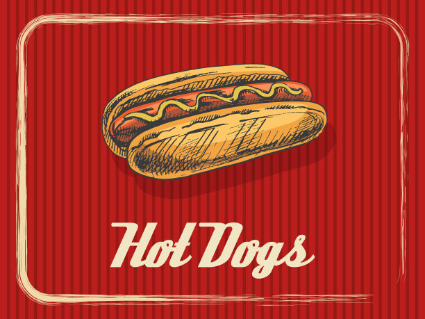 带有热狗的老式横幅。素描、雕刻。矢量手绘食品菜单，广告或包装。图片下载