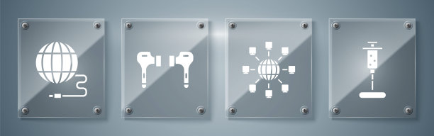 设置注射器，社交网络，空气耳机和社交网络。方形玻璃板。向量图片下载