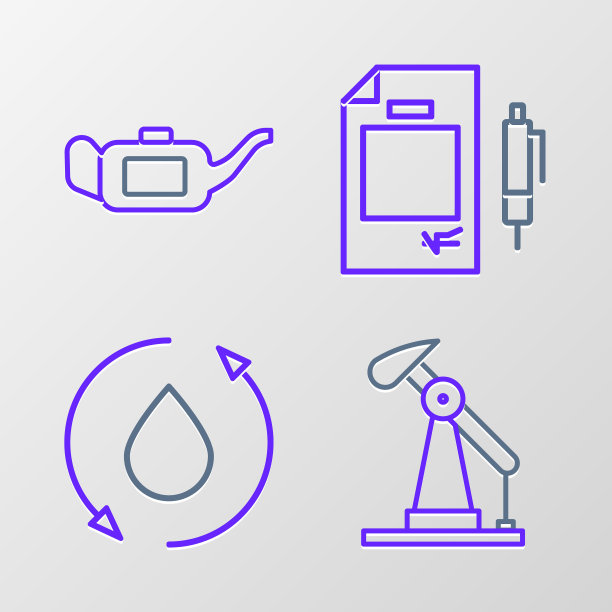 设置线路油泵或泵千斤顶，下降，合同钱，笔和油罐的机油图标。向量图片下载