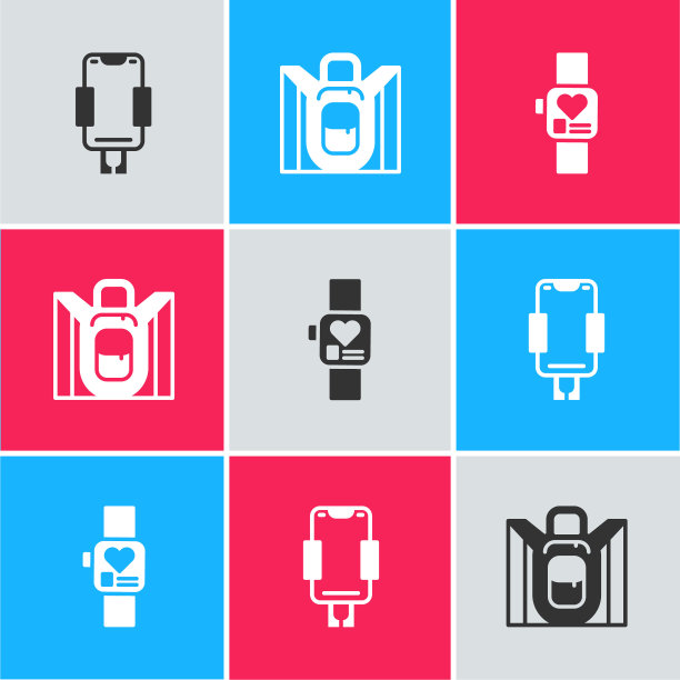 设置移动支架，徒步背包和智能手表图标。向量图片下载
