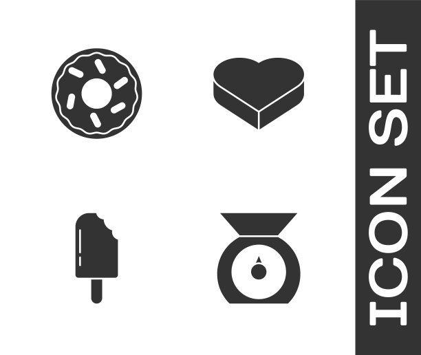 集天平，甜甜圈，冰淇淋和糖果在心形盒子图标。向量图片下载