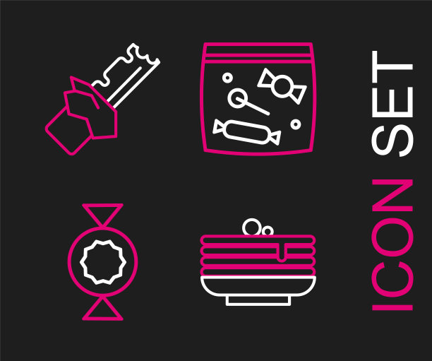 设置线煎饼堆栈，糖果，包装糖果和咬巧克力棒的图标。向量图片下载