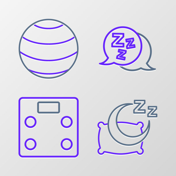 设置线时间睡觉，浴室秤，困倦和健身球图标。向量图片下载