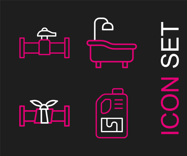 设置线排水清洁瓶，工业金属管，浴缸和阀门图标。向量图片下载