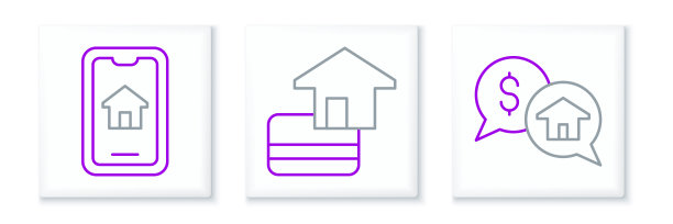 设置在线价格谈判，在线房地产和信用卡图标。向量图片下载