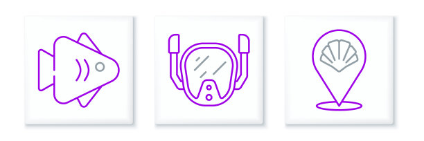 集线扇贝海贝壳，鱼和潜水面具图标。向量图片下载