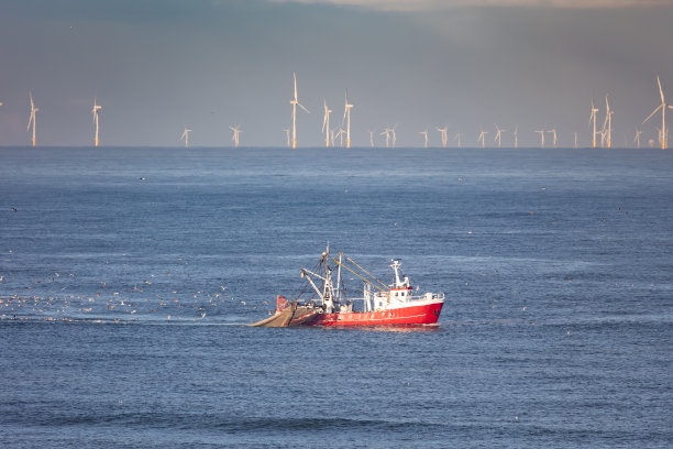 北海上一艘吊起拖网的切割机，背景是风力涡轮机图片下载