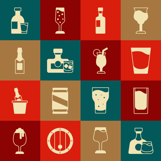 集威士忌酒瓶和玻璃杯，Shot，葡萄酒，香槟，伏特加酒瓶和鸡尾酒图标。向量图片下载