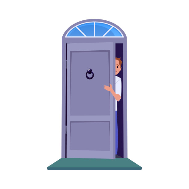 男孩偷看出了门，平面矢量插图孤立的白色背景。图片下载