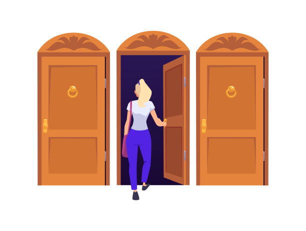 年轻女子进入三扇相同的棕色门中央图片下载