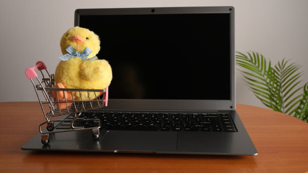 一只黄色毛绒鸭坐在笔记本电脑的键盘上。图片下载