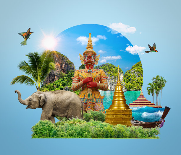 泰国文化创意设计，旅游广告，3d插画。泰国旅游概念。图片下载