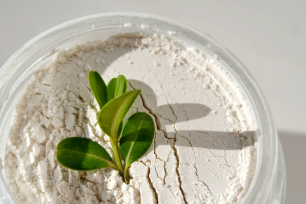 一罐开着的带绿枝的磨砂粉。图片下载