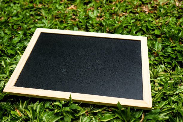绿色的草地上有一块木框的小黑黑板。图片下载