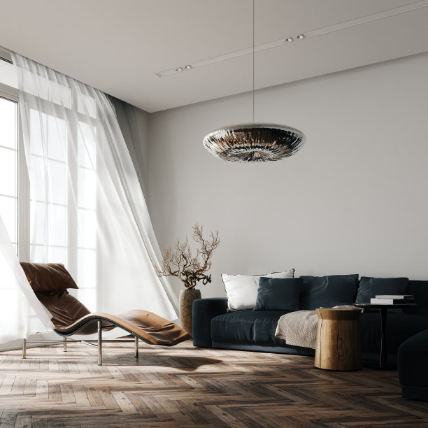 客厅的现代室内设计。现代家庭内部与蓝色沙发和皮革扶手椅。图片下载