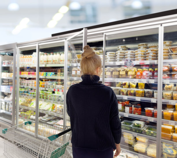 超市购物，一名妇女在超市挑选奶制品。图片下载
