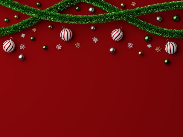 圣诞或新年快乐。红色背景3d小玩意球，闪闪发光的黄金。圣诞海报，贺卡。平躺，俯视图。圣诞3d渲染图图片下载