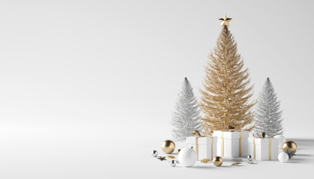 圣诞或新年快乐。白色背景圣诞设计的礼盒，3d小球，闪闪发光的黄金和松树。圣诞海报，贺卡。三维演示图片下载