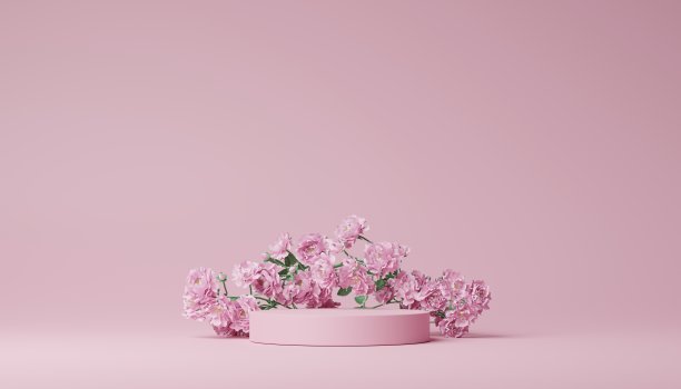 3D粉色讲台或情人节讲台舞台。爱玫瑰情人优雅的讲台样机台产品场景粉红色背景。3d讲台舞台插图渲染。图片下载