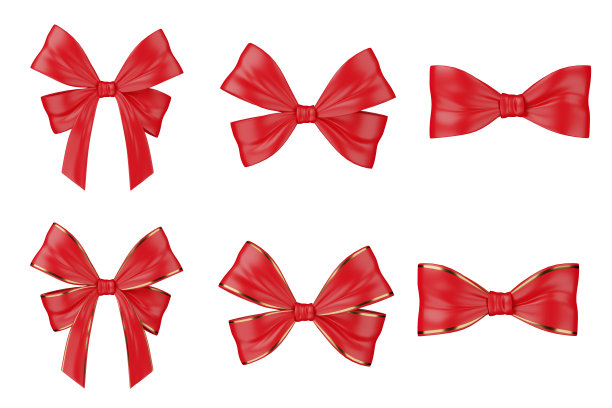 收集3d红色蝴蝶结或丝带金色的礼物孤立在一个白色背景的节日装饰。3 dillustration图片下载